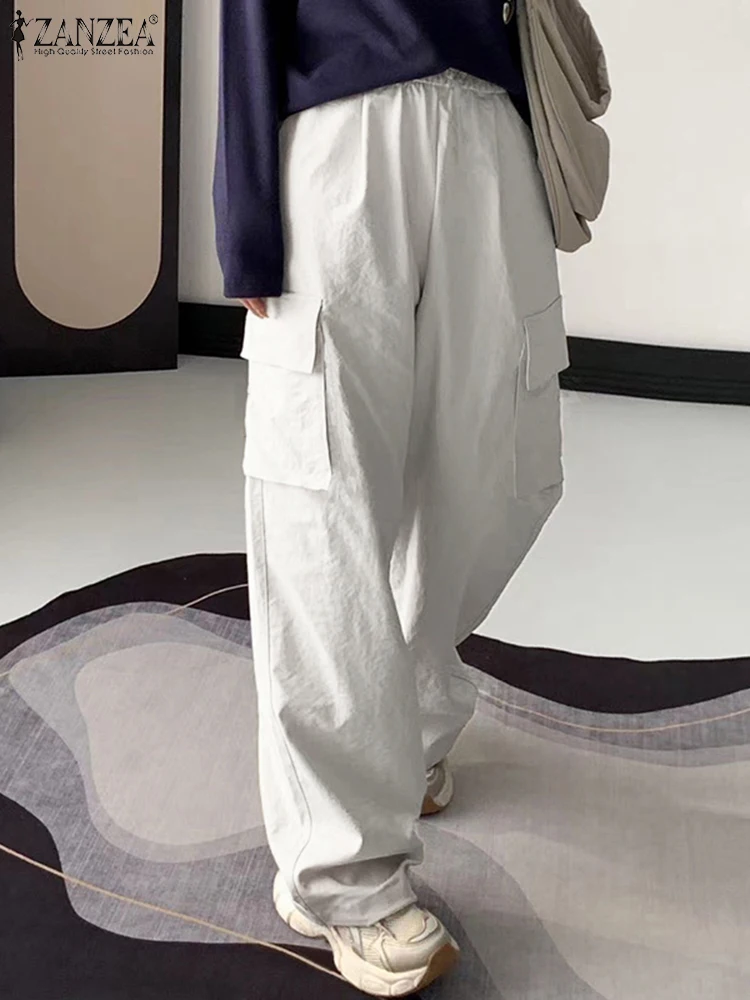 Spodnie damskie ZANZEA, modne, wakacyjne, jednolite, długie, oversize, koreańskie, z kieszeniami, letnie, proste spodnie.
