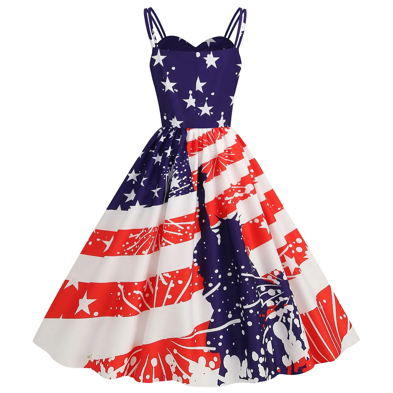 Vestido Formal elegante para mujer, Vestido con tirantes, estampado de bandera americana, línea A, Swing, Sexy, día de la independencia, Verano