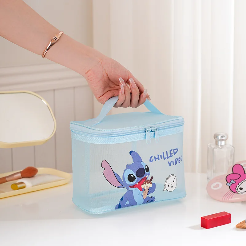 Kawaii Disney Solid Color Transparent Gauze Makeup Bag Women's Travel Makeup Storage Bag Stitch Cartoon High Appearance Level