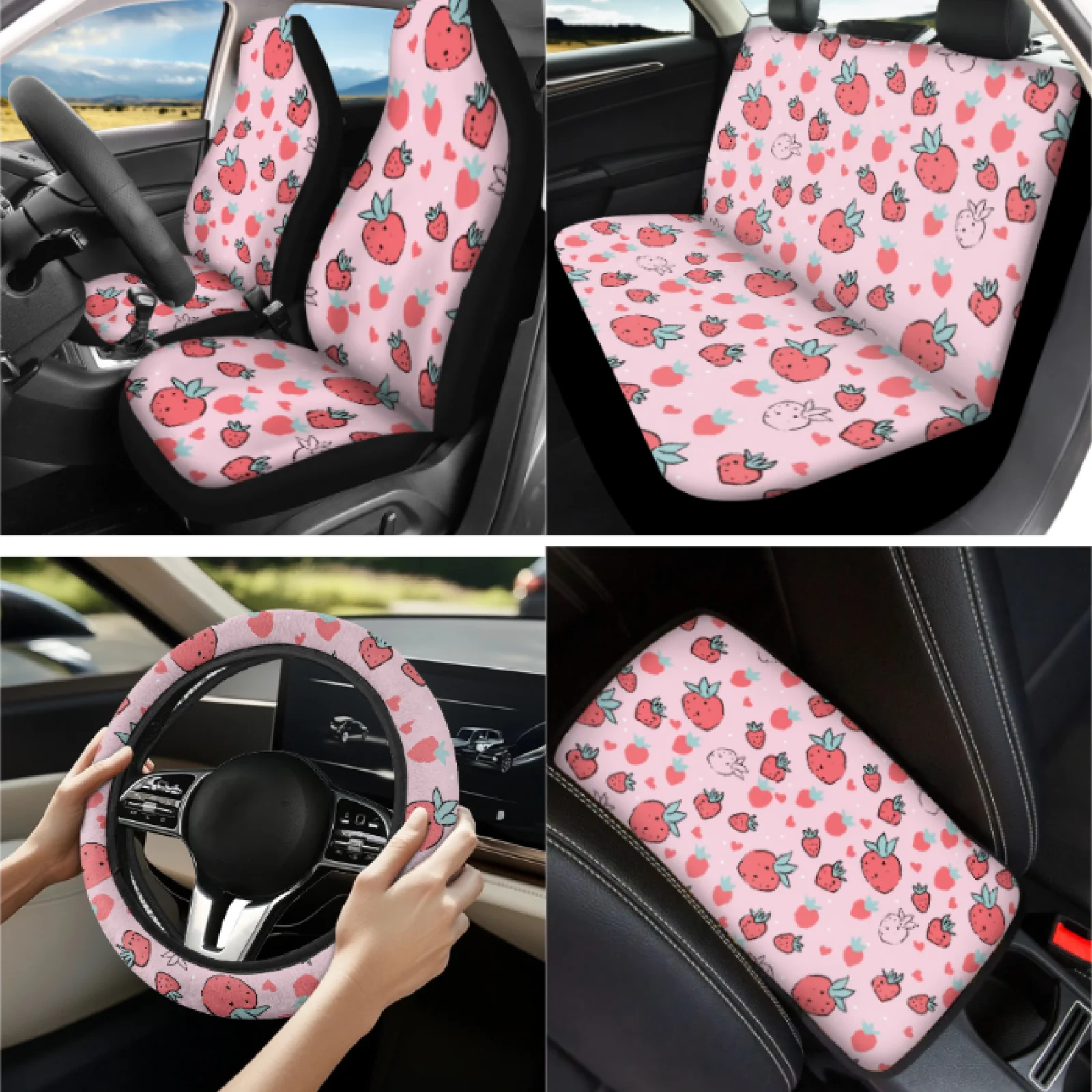 Coloranimal Strawberry Pattern 13 PCS Auto Interior Set with Scratch-Resistant Steering Wheel Protector and Seatbelt Strap Pad
