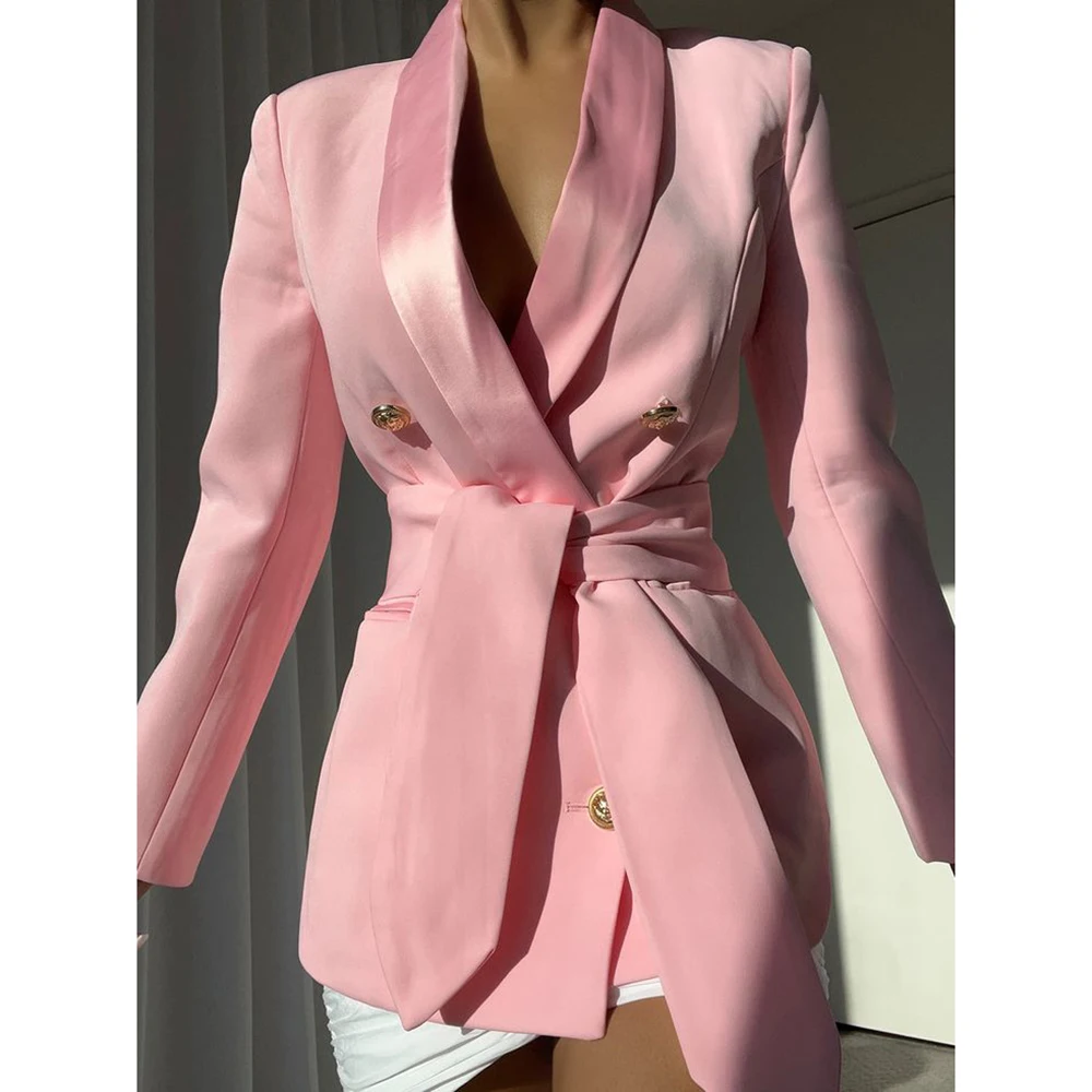 Elegant Pink Women\'s Blazer Double Breasted Shawl Lapel Slim Fit 1 Piece Jacket Luxury Prom Party Office Female Clothing Suits