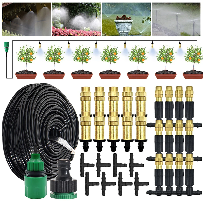 

10-30M Outdoor Misting Cooling System 4/7PVC Garden Irrigation Watering System Adjustable Brass Atomizer Nozzles Micro Sprinkler