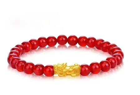 Eldorado Gold  24k pure gold pixiu  + red agate beads bracelet  gold balls bracelets 6mm black agate hand strings diy charms bra