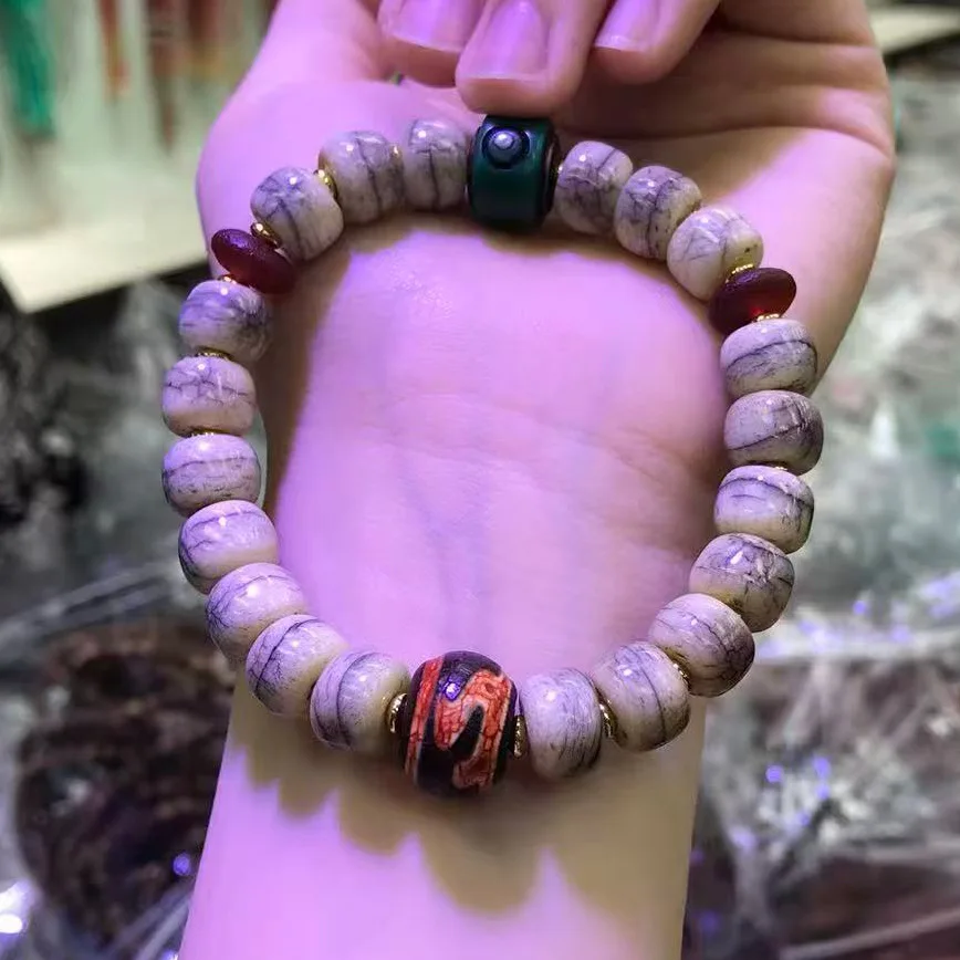 Tibetan Style Cracked Bone Barrel Bead Bracelet Buddhist Dzi Bead Ethnic Prayer Lucky Bracelet Gifts