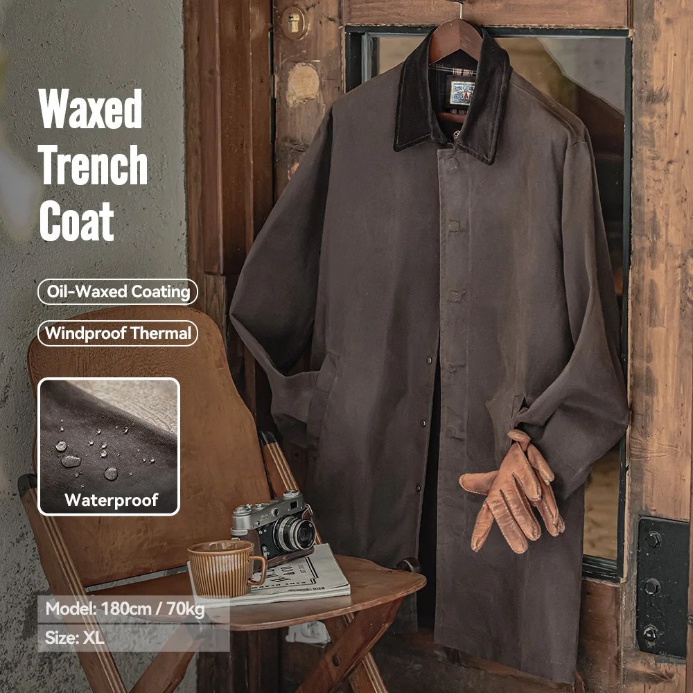 Maden Men's Vintage Waxed Windbreaker Corduroy Turn-down Collar Mid-length Overcoat Windproof and Waterproof Trench Loose Jacket