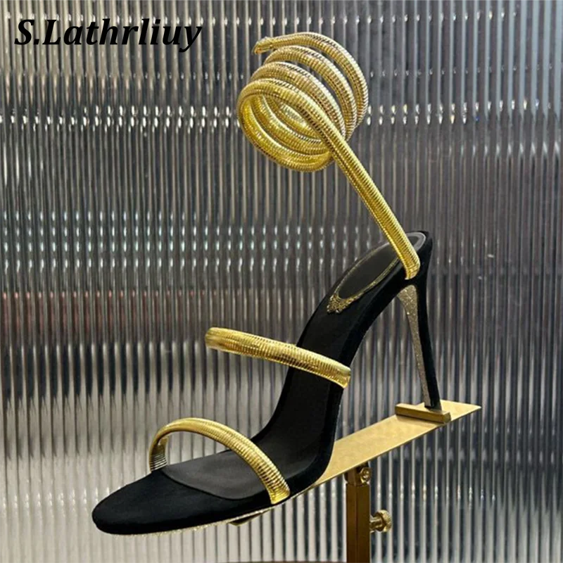 

Fashion High Heels Sandals Women's Metal Ankle Snake Twine Around Banquet Shoes Summer Open Toe Thin Heels Gladiator Sandalias