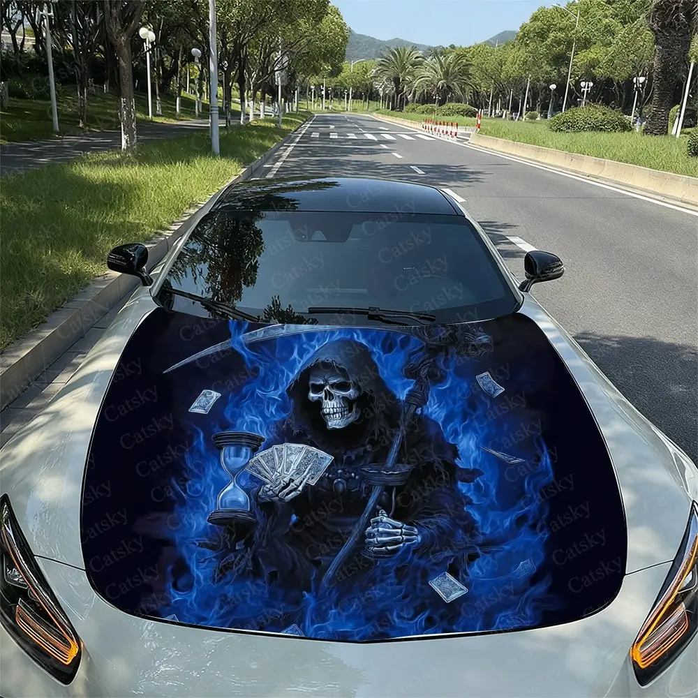 Blue Flame Card Skeleton Car Hood Vinyl Sticker Wrap, Universal Engine Cover Decal, Durable Paper Material, Protective Film For