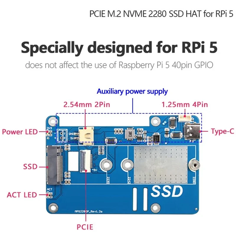 MPS2280P PCIE M.2 NVME SSD HAT + кабель FPC для Raspberry Pi 5, поддержка 2280 2230 2242 Gen 3, плата расширения