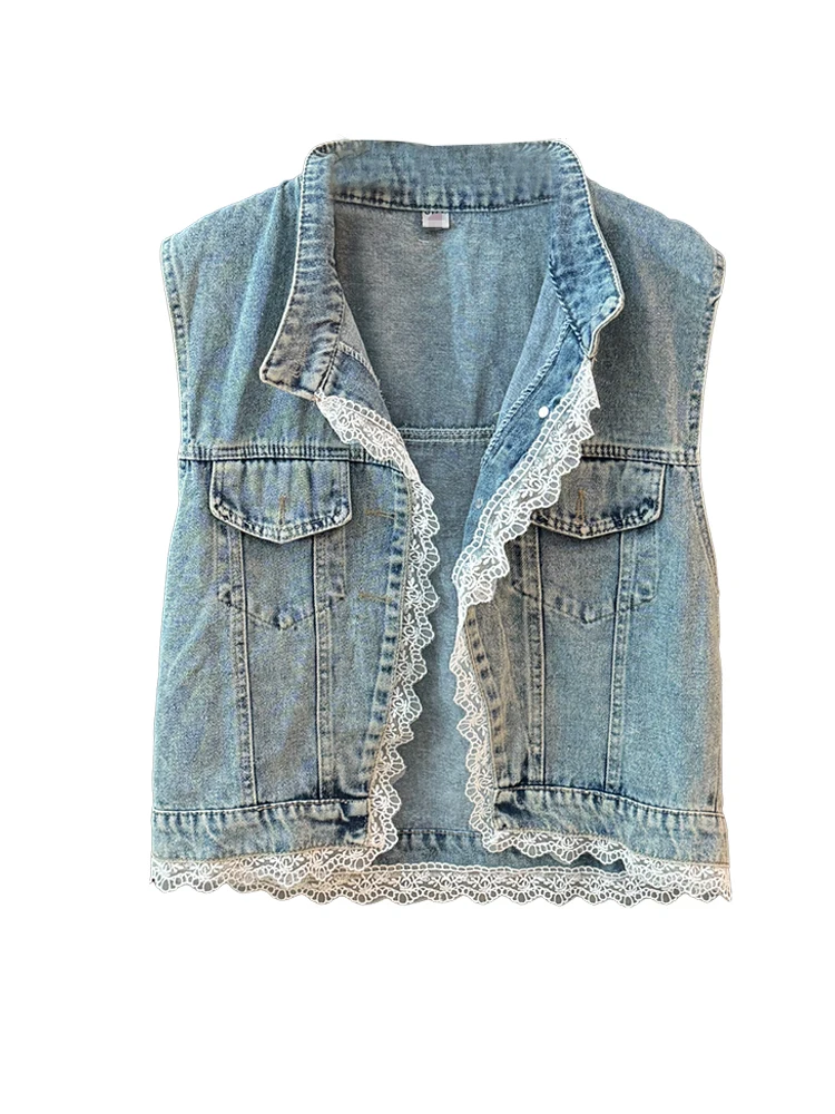 Retro Spitze Patchwork Jeans weste für Frauen Sommer vielseitige Rundhals ausschnitt Einreiher Tops koreanische lässige ärmellose weibliche Mäntel