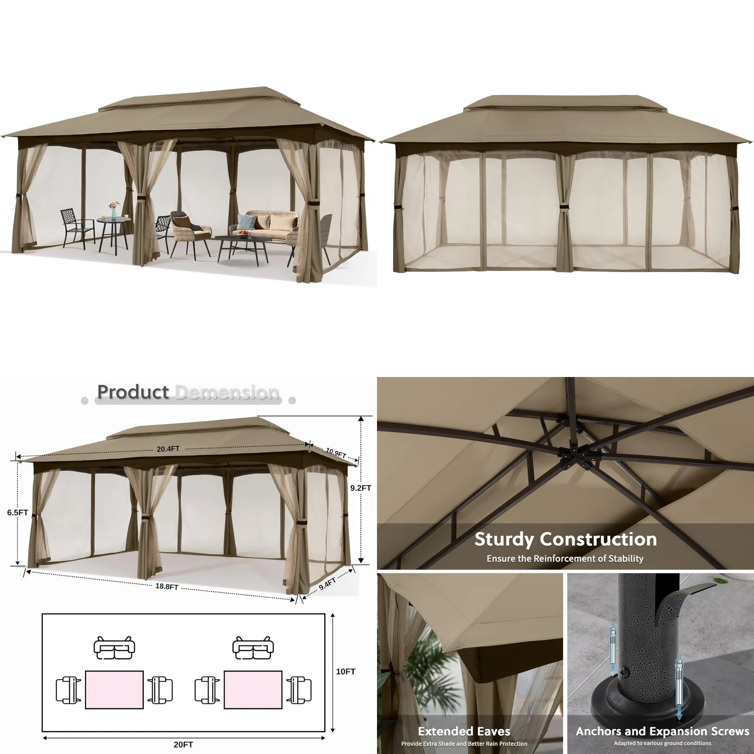 

Садовая беседка для улицы с усиленной стальной рамой и сетчатыми стенами (10x20, цвет хаки), на заказ