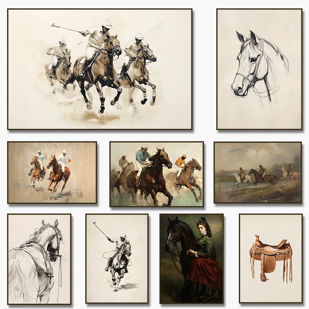Impression sur toile vintage de cheval de course gravé, art mural rustique équestre antique pour la décoration intérieure de la ferme et de la maison