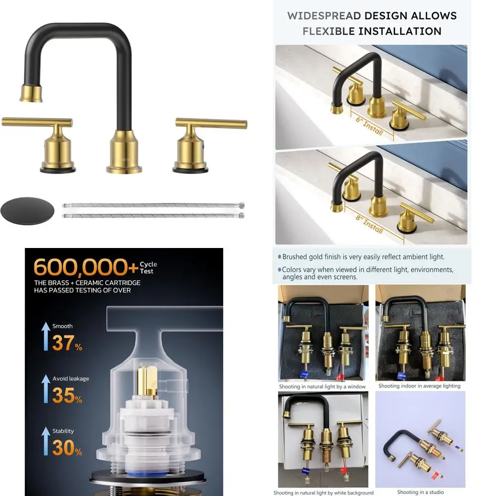 

8 Inch 3-Hole 2-Handle Black and Gold Bathroom Sink Faucet with Pop-Up Drain