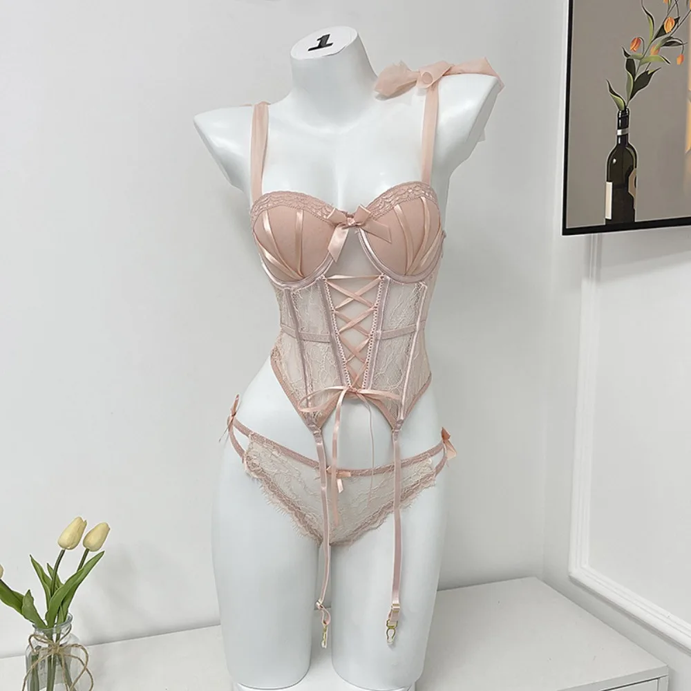 

Fashion Passionate Set Lace Camisole Briefs Set Nightgown Hollow Mesh Bow Lace Corset Slim Fit Tank Suspender Vest Couple Gift