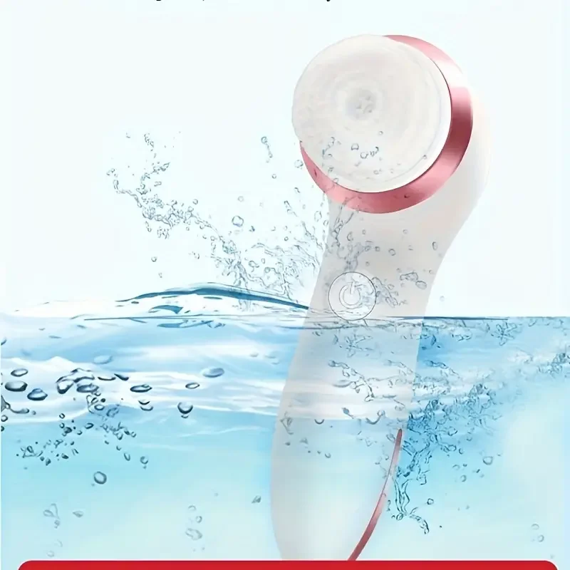 แปรงทำความสะอาดผิวหน้าไฟฟ้าแบบพกพา 3 อิน 1 พร้อมหัวแปรง 3 หัว กันน้ำ ชาร์จได้ สีโรสโกลด์ พร้อมหัวนวดสีม่วง