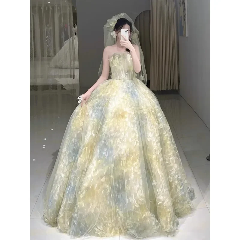 Vestido de novia sin tirantes con flores en 3D de estilo coreano, elegante corte en A, largo Floral azul, vestidos de noche para fiesta, nuevos vestidos de novia para mujer