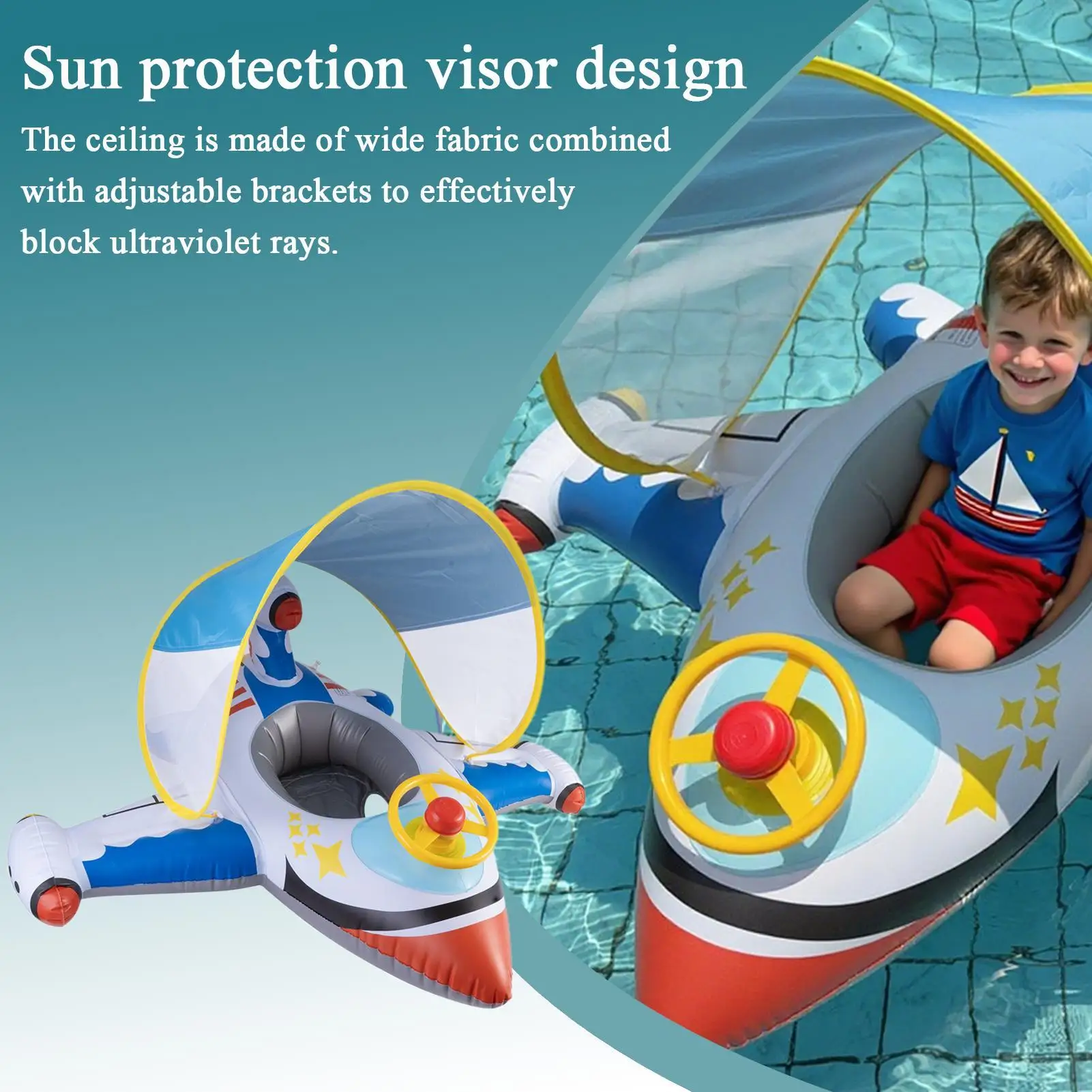 Anel flutuante para natação de bebês, jangada inflável em formato de avião com dossel de proteção solar, brinquedos aquáticos para crianças de 1 a 6 anos ao ar livre