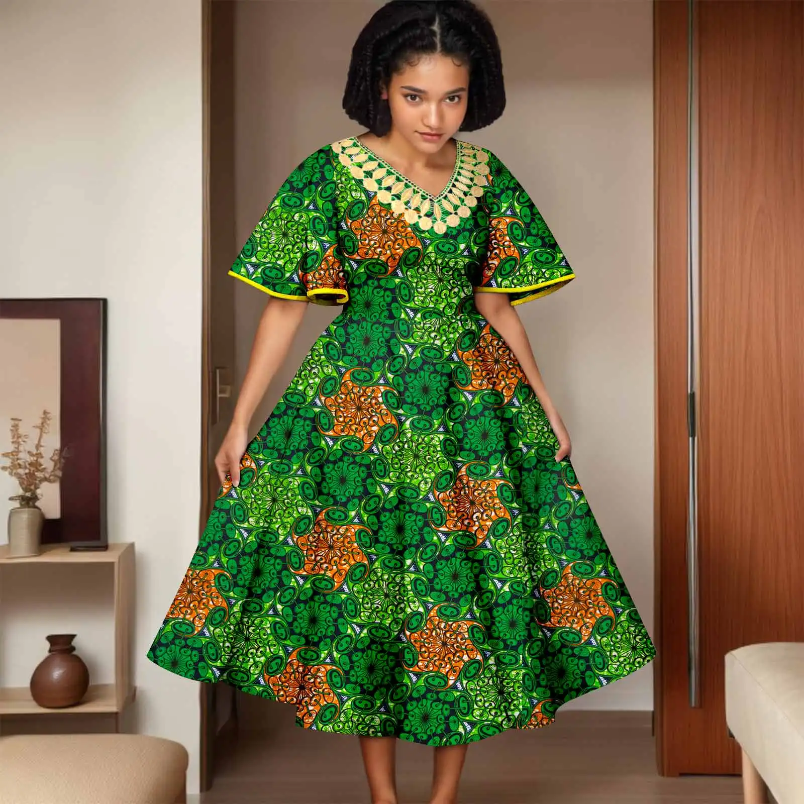 

Afripride African Women's Dress Sexy V Neck Ruffle Sleeve Neckline Stamped Embellishment 2525035