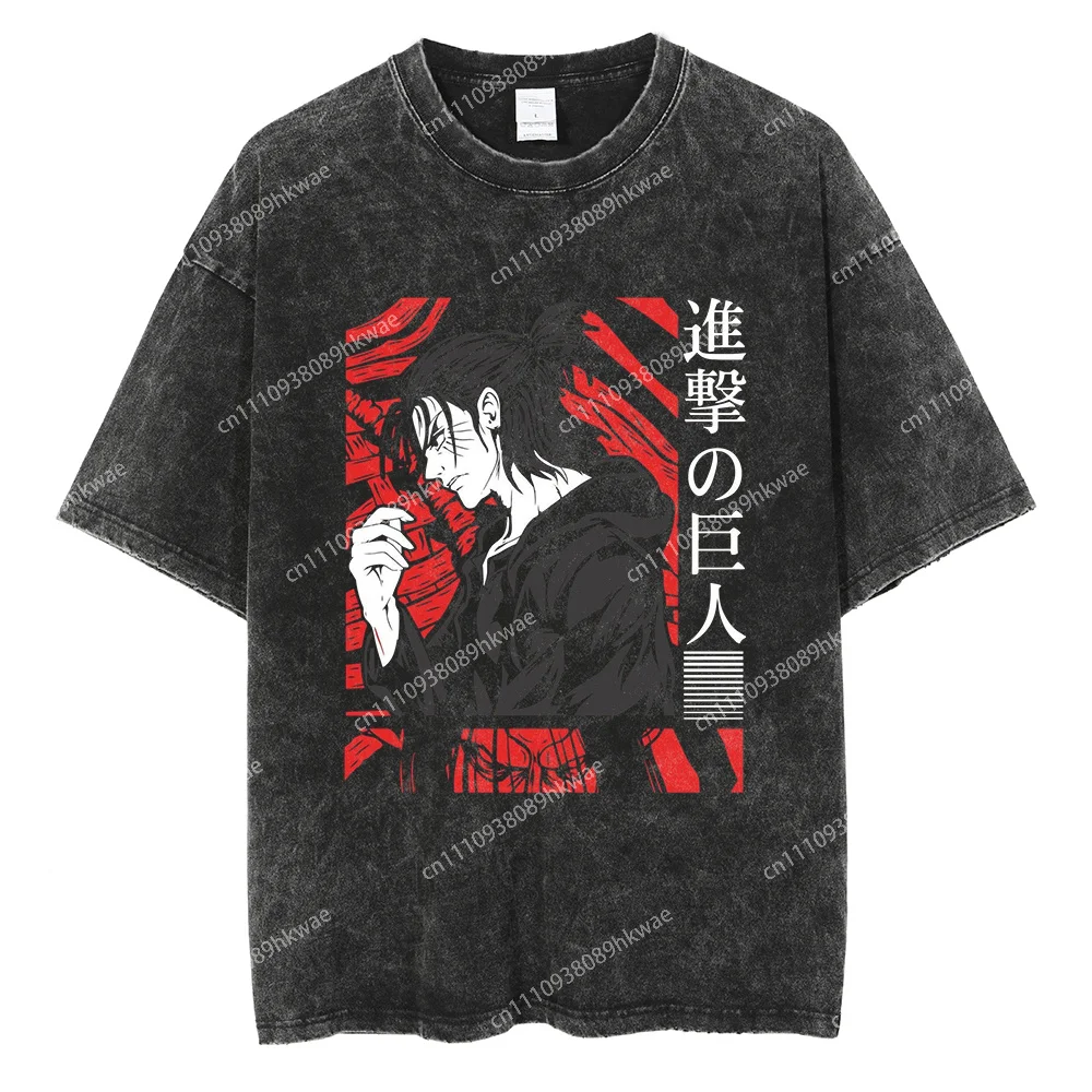 Oversized Attack on Titan Washed Summer T-Shirt, Vintage Distressed Anime Graphic Streetwear for Men Women, Survey Corps AOT Tee