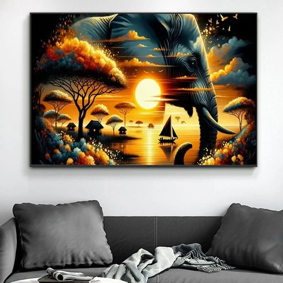 Fantasy Elephant African Landscape Sunset sea view Full diamond Painting full Drill Embroidery 5D Diy Diamond mosaic Handmade