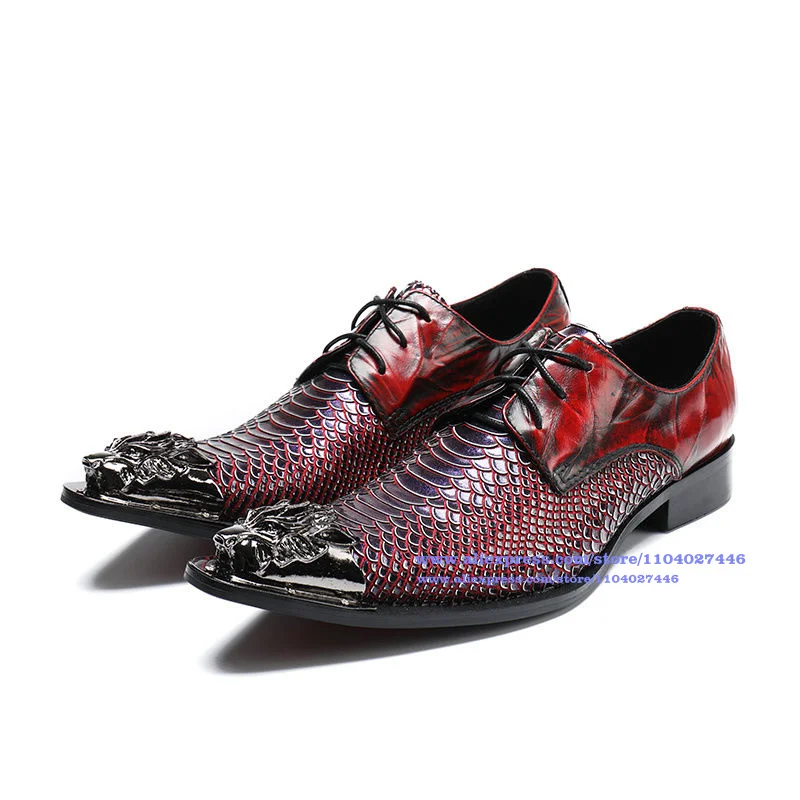 Metal Iron Toe Shoes Men Snake Scale Pattern Casual Leather Lace-up Large size Party Office Shoes  Luxury Handmade Men Shoes