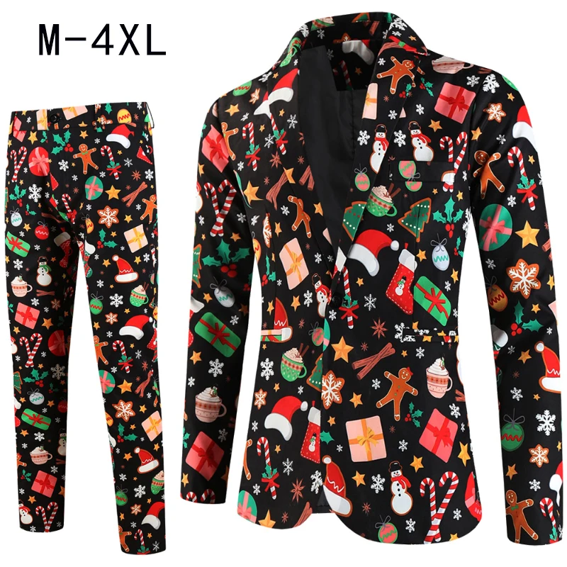 Men\'s Christmas Suits 2 Pieces Blazers and Trousers Santa Claus Print Slim Fit Men Suit Sets New Year Party Stage Mens Clothing