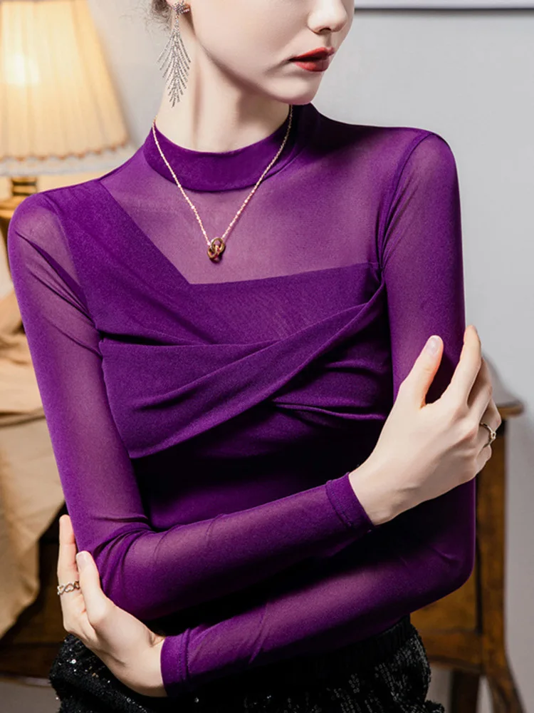 

Half High Neck Mesh Base Shirt With Twisted Design For Women, Slim Fit 2025 Autumn New Long Sleeved Solid Color Spicy Girl Top