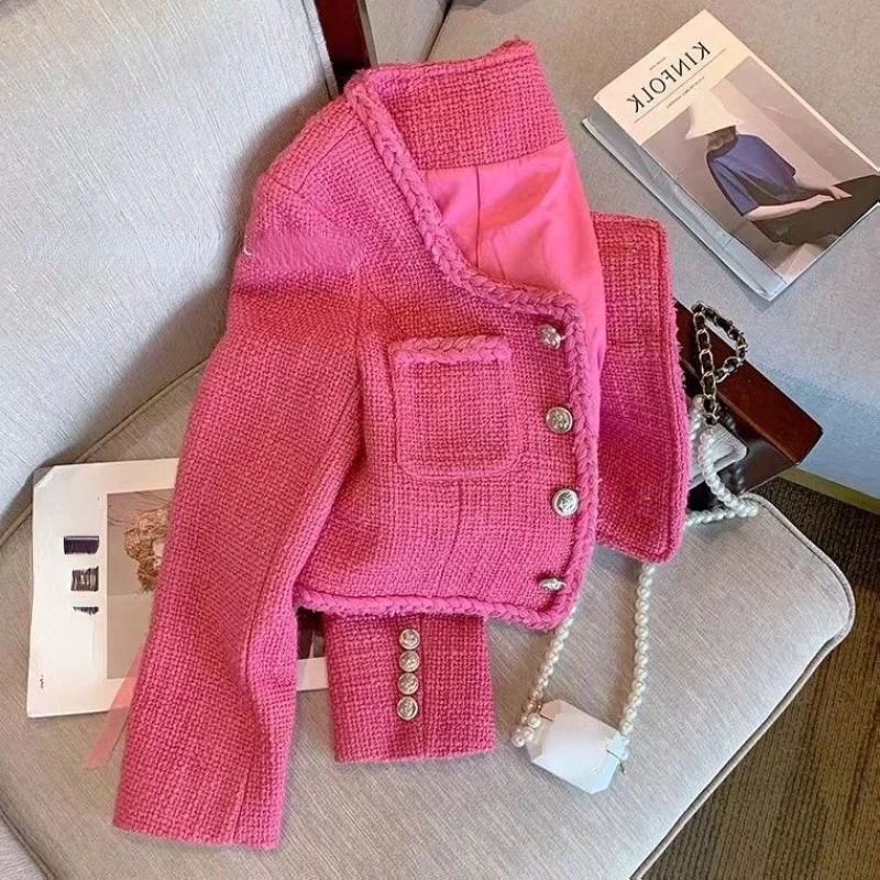 Fall Winter Clothing Fashion Women Coat Square Collar Long Sleeve Pockets Outwear Crop Tops Vintage Tweed Temperament Jackets