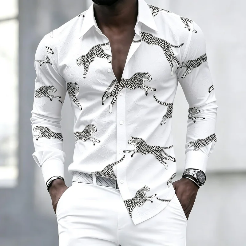 Men's long-sleeved shirt with asymmetrical black and white color blocking and vertical stripes, casual and versatile men's top.