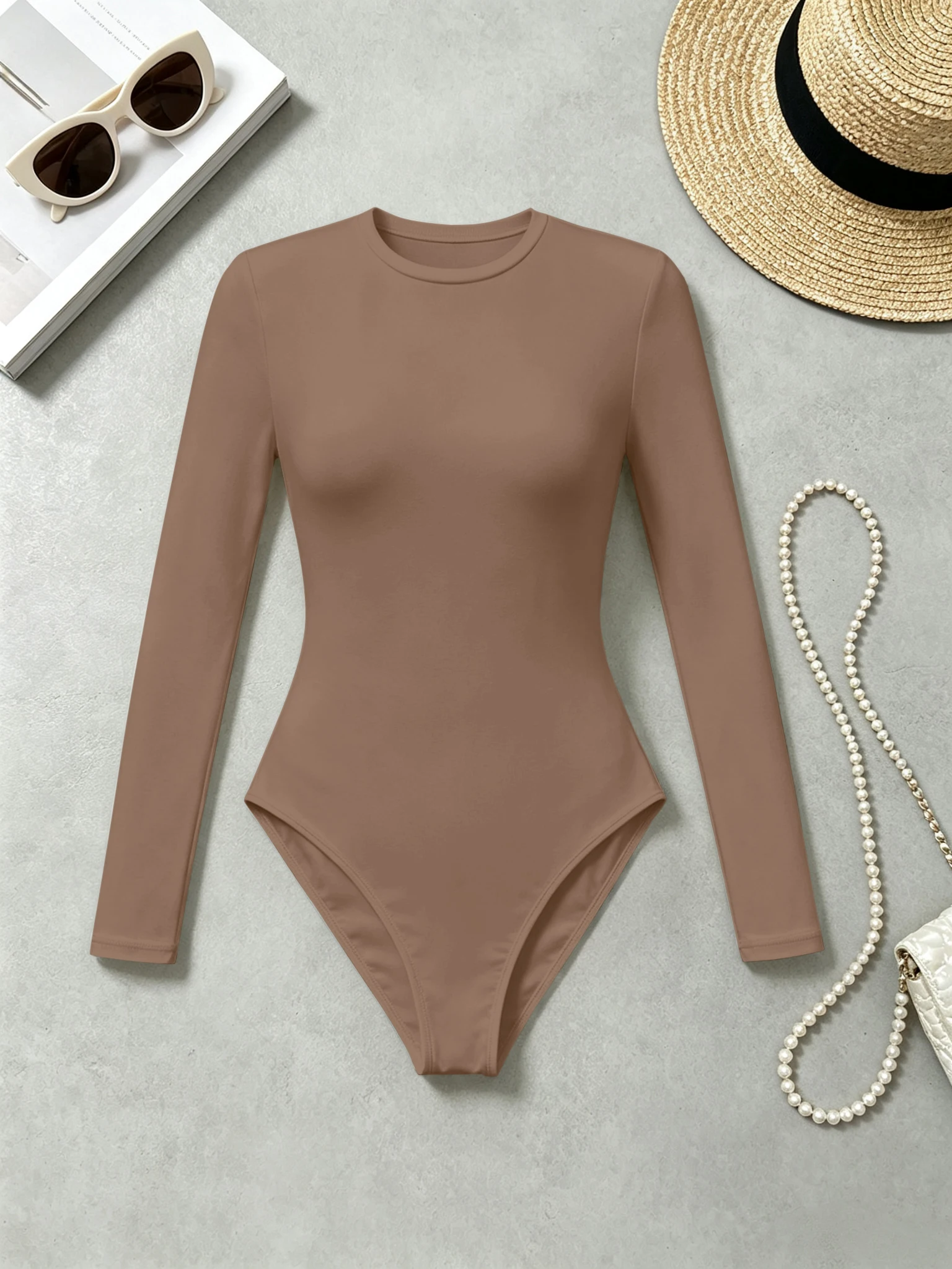 Damen-Bodysuit mit Rundhalsausschnitt und Langen Ärmeln, Schlanke Passform, Hochelastisch, Einfarbiger Casual-Jumpsuit für den Alltag – Detail 8