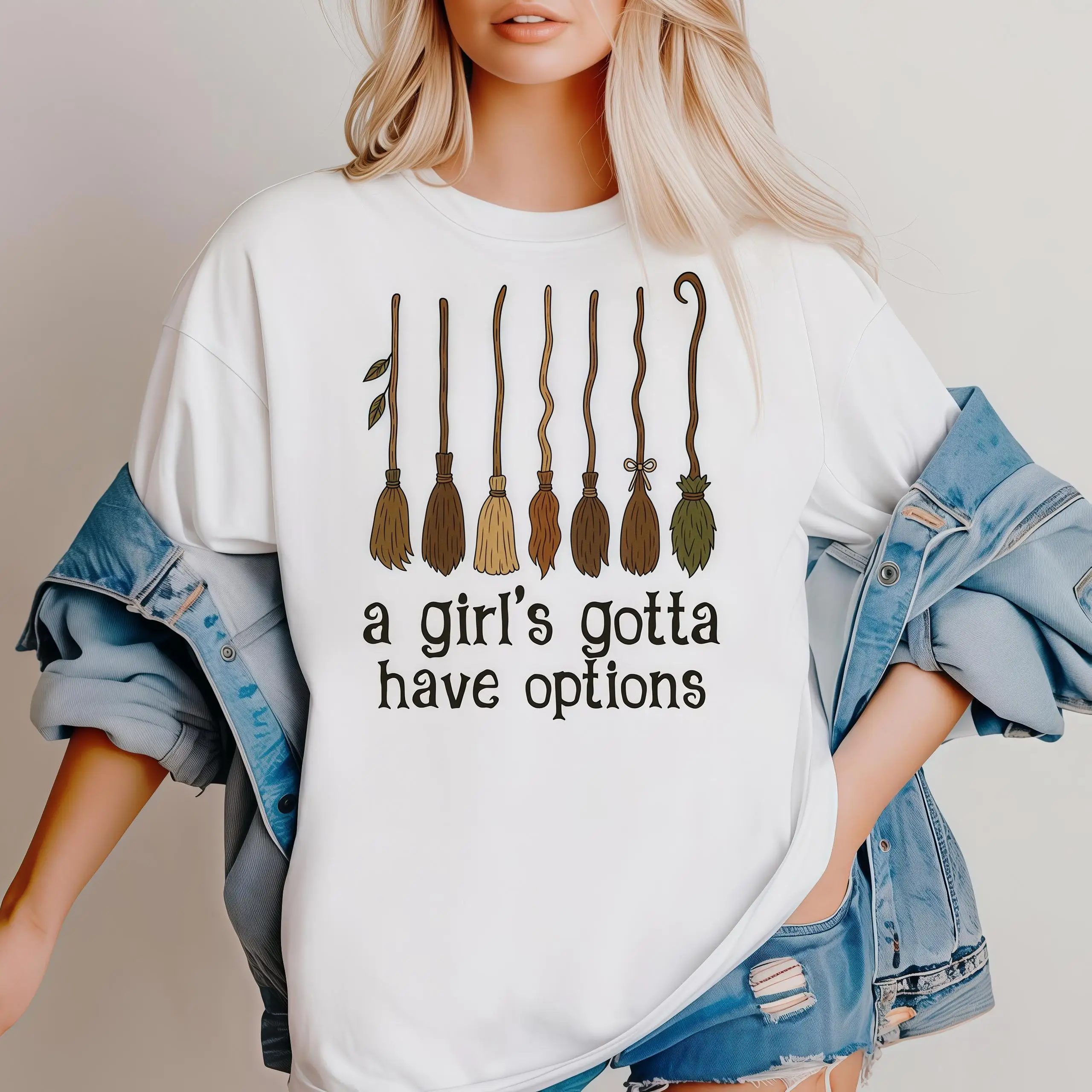 

"Funny Witch Broom Graphic Sweatshirt | A Girl’s Gotta Have Options Print Pullover | Casual Oversized Halloween Top"