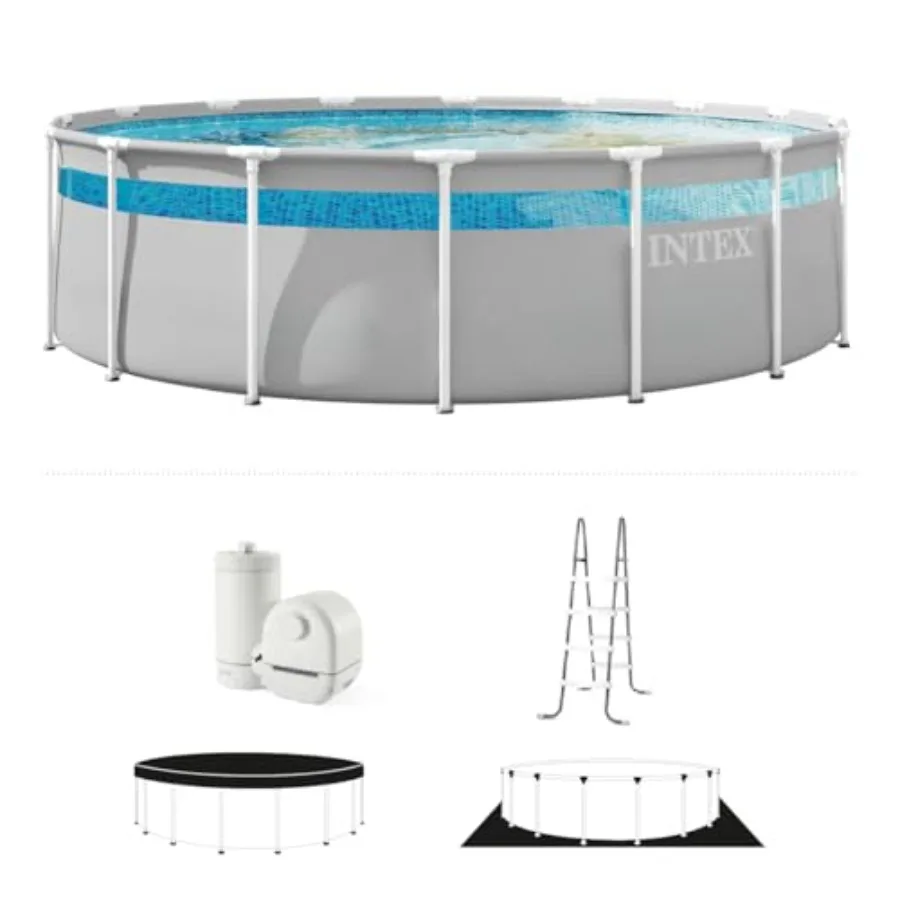 Above ground swimming pool set for backyard use, steel frame with clear vinyl liner, blue color, puncture and rust resistant wi