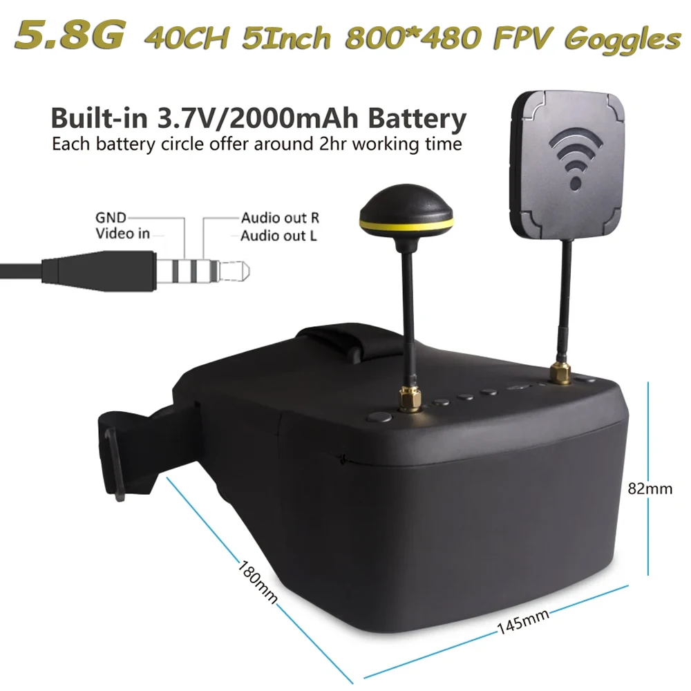 800D 5.8G 40CH 5 pouces 800*480 casque vidéo HD DVR diversité récepteur FPV lunettes avec batterie pour modèle RC Drone de course RC FPV