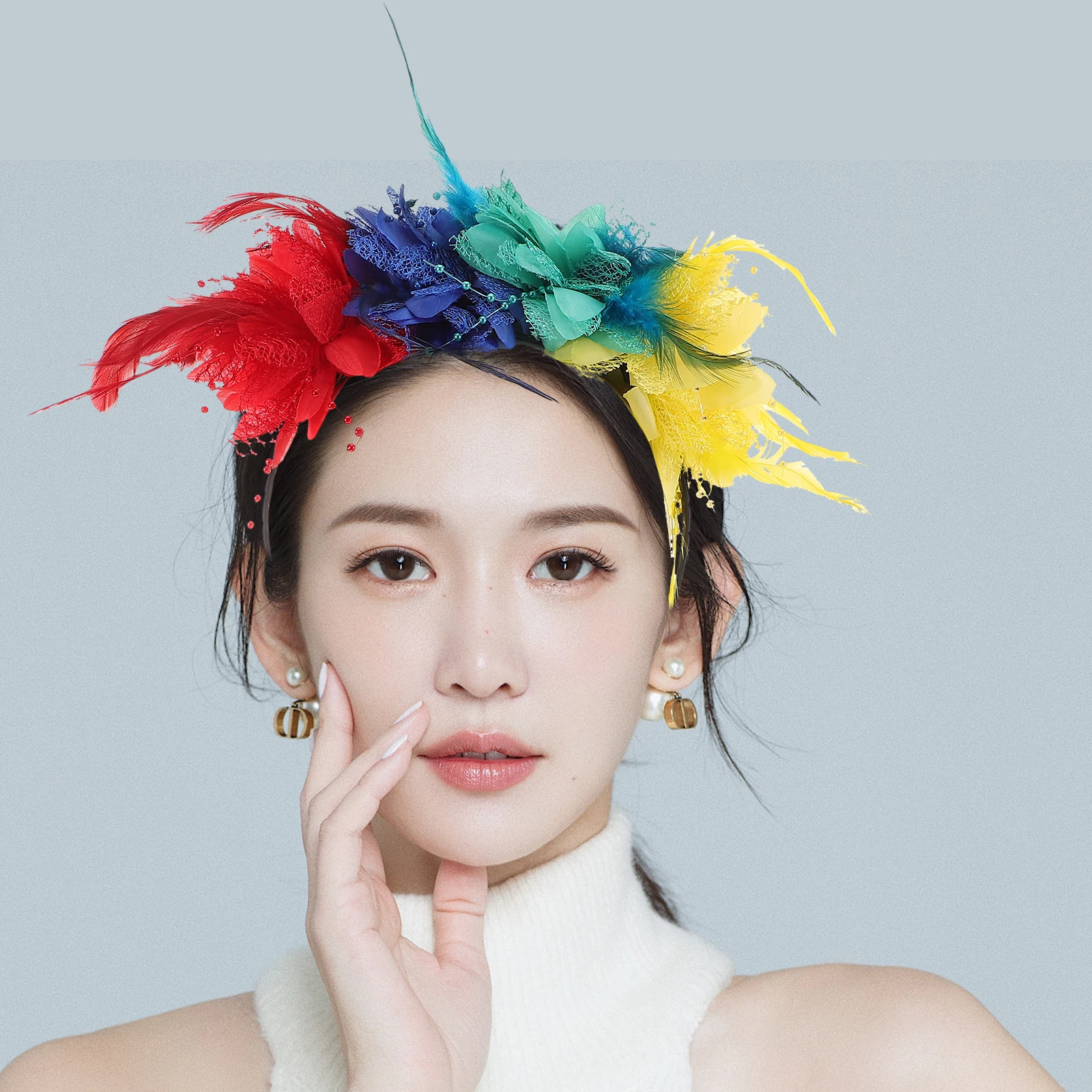 

Flower Feathered Headband Masquerade Fascinator Floral Crown Adjustable Comfortable Lightweight Wedding Halloween Tea Party