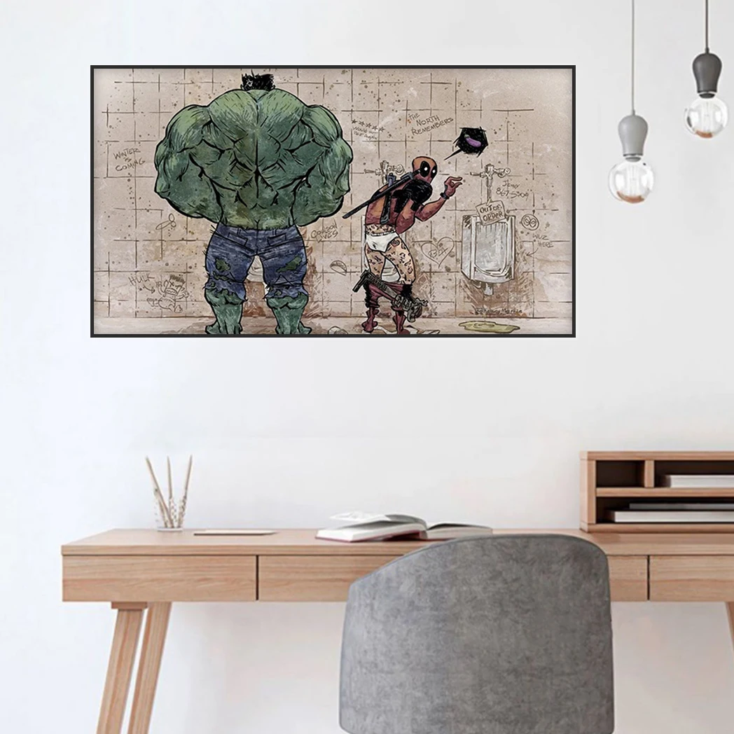 MINISO Superhero Funny Pee Canvas Painting Spider-Man Hulk Thor in Toilet Wall Art Poster Home Room Picture Print Artwork