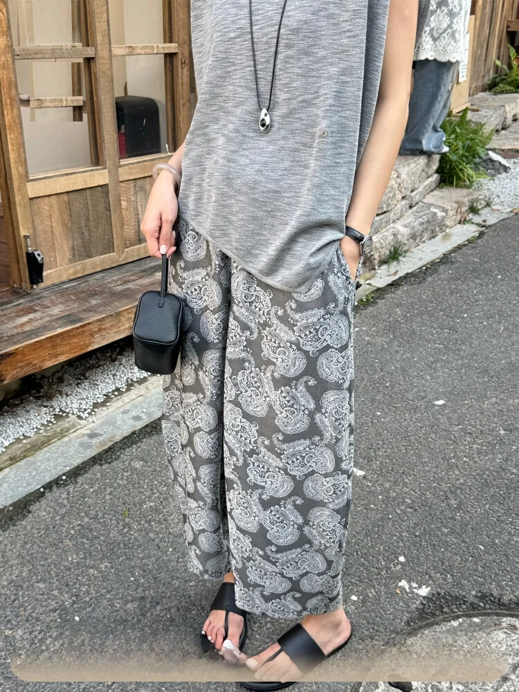 

Zo Zo Home Textured Floral Loose Hanging Bloomers Casual Pants High Waist Straight Leg Summer Vintage Women's Faion