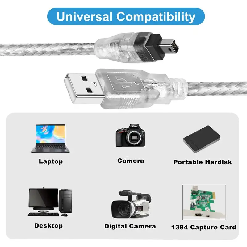 1.8m Standard Double Shielded Transparent White 1394 4P to USB A Male Sony Digital Camera DV Machine Dedicated Adapter Cable