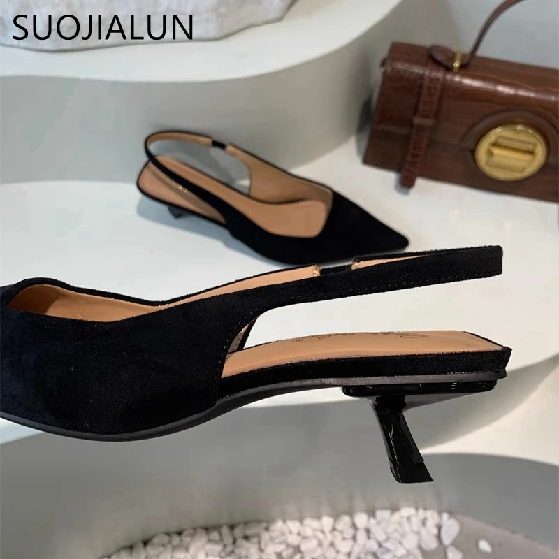 SUOJIALUN 2024 Autumn Women Sandal Shoes Fashion Pointed Toe Shallow Slip On Slingback Sandal Thin Med Heel Ladies Elegant Pumps