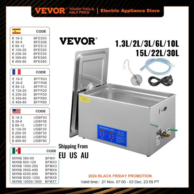 VEVOR Nettoyeur A Ultrasons 3L Ultrasonic Cleaner Professionnel Nettoyeur Digital Affichage