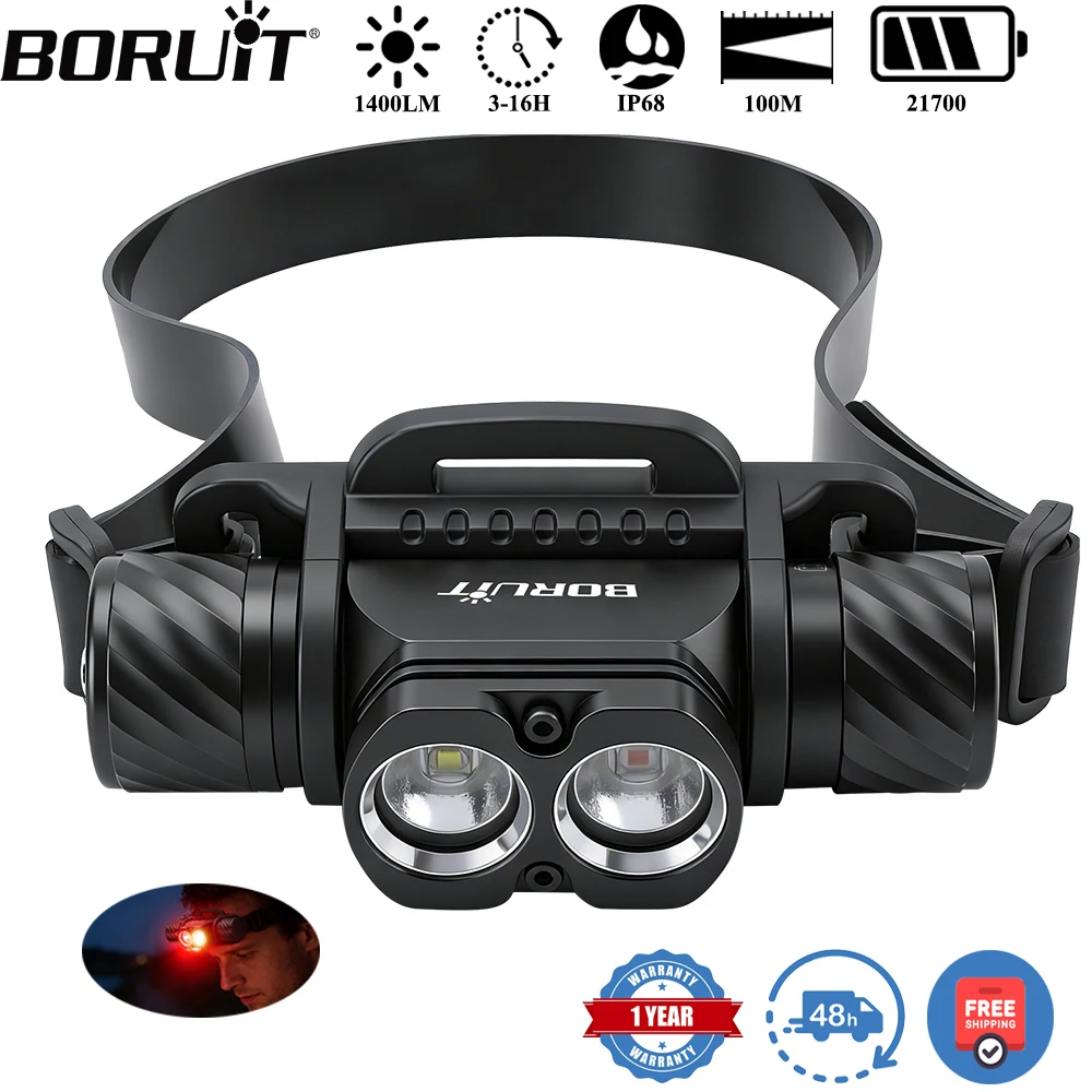 

Налобный фонарь BORUiT HP2000 1400 лм с LED-светодиодом SST40 для дайвинга, водонепроницаемый IP68, подводный до 60 м, на аккумуляторе 21700, красный свет для дайвинга