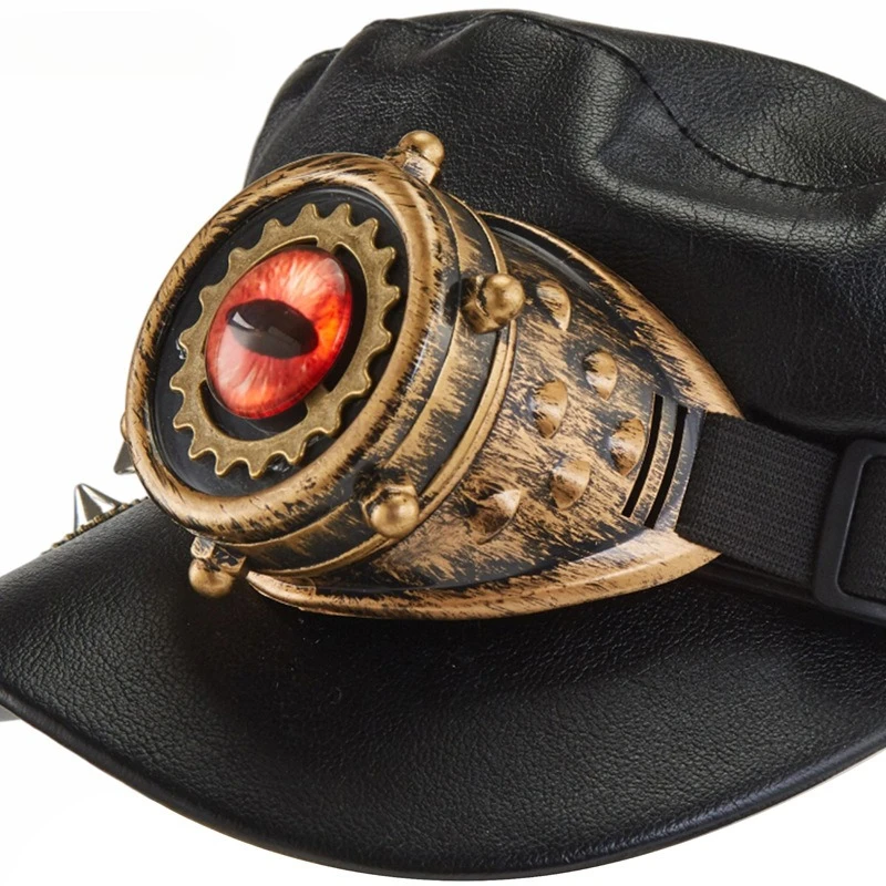Steampunk Newsboy Cap aus schwarzem PU-Leder mit Nieten, Armeehüte für Damen und Herren mit Schutzbrille, Gothic-Party-Performance-Cosplay-Mütze – Detail 9