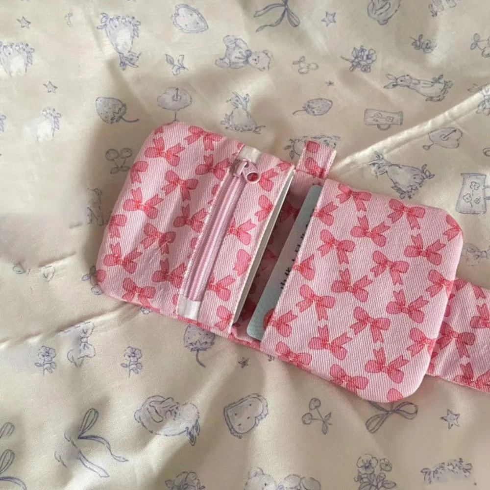 Girls Casual Storage Bag For Women Bow Print Pink Coin Purses Canvas Small Zipper Cash Wallet Large Capacity Card Holder