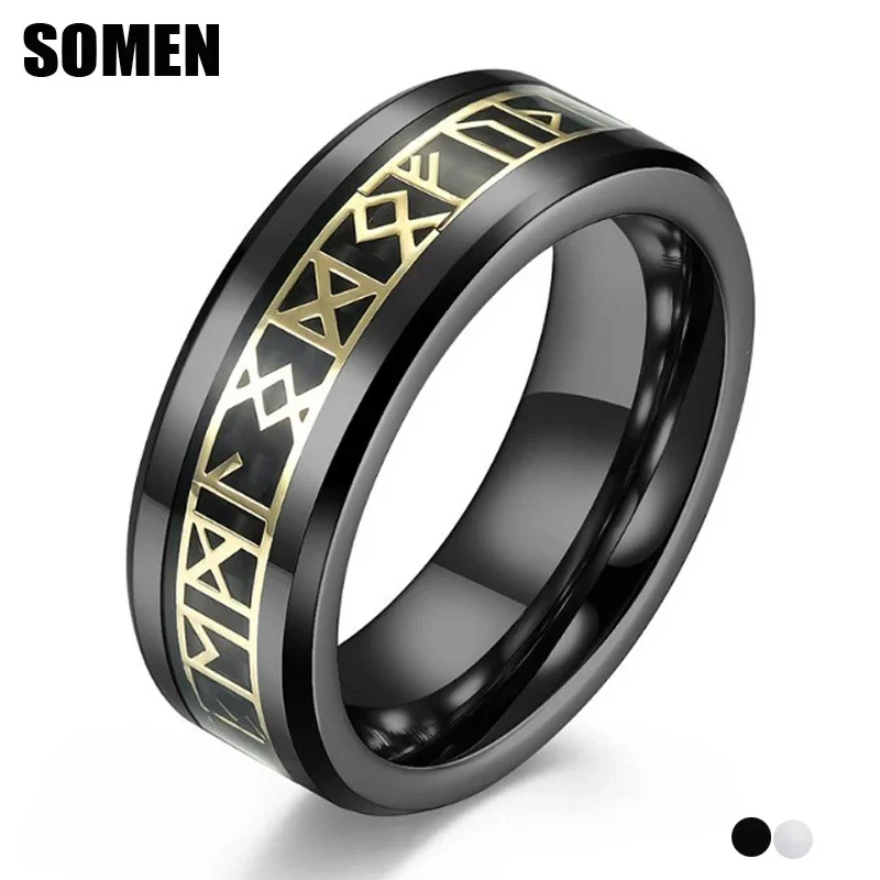 Somen Men's 8mm Fashion Retro Viking Rune Tungsten Rings For Men Odin Letter Finger Ring Male Jewelry Party Gift Comfort Fit