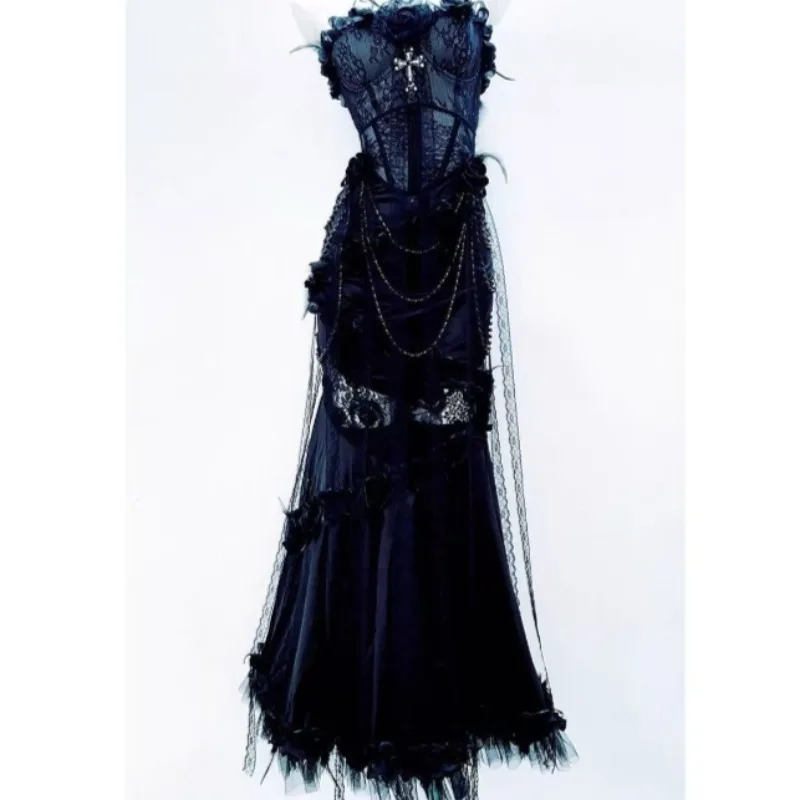 Dark Gray Gothic Lace Mesh Dress Sleeveless Corset Style Long Dress Party Stage Costume Necklace Not Included