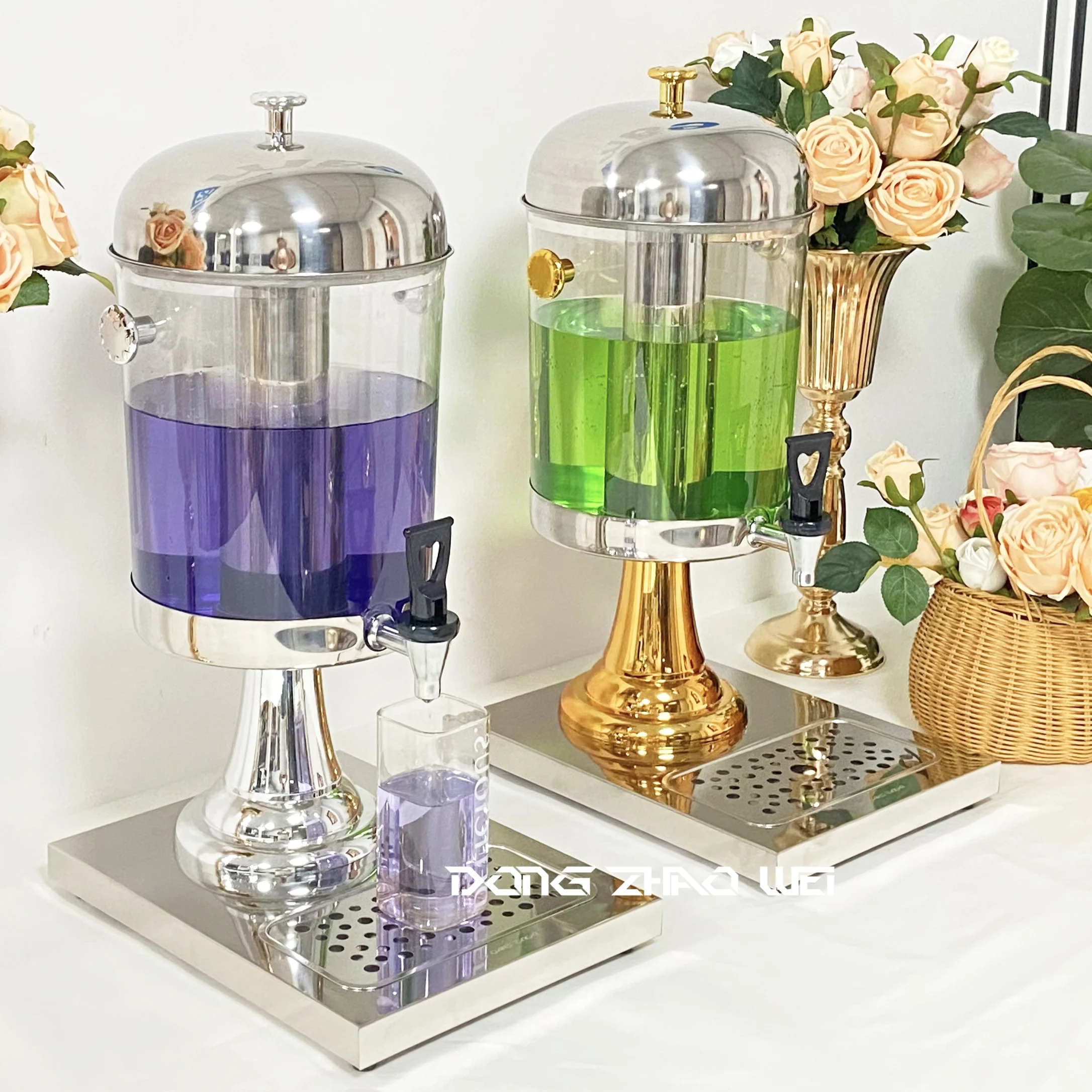 *Food Grade Commercial Buffet Beverage Rack Stainless Steel Ice-Cooled Self-Service Glass Dispenser for Soda Juice Fruit