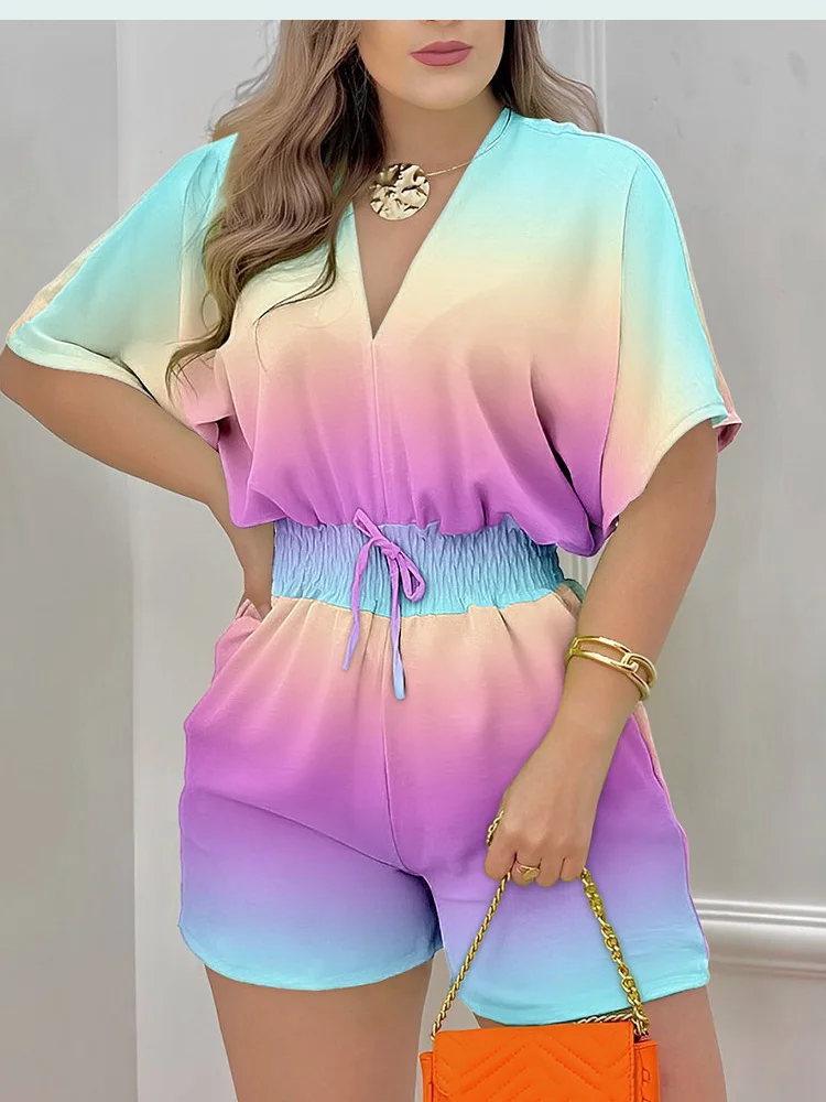 Summer Women Print Jumpsuit Fashion Casual Playsuit V-neck Elegant Romper New Holiday Short Sleeve Outfits Streetwear Jumpsuit