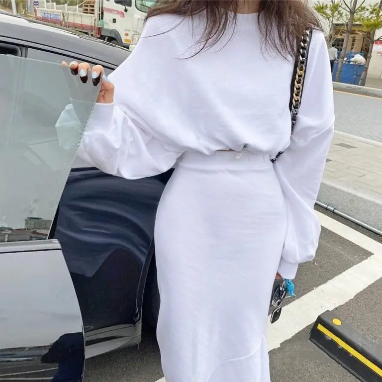 

Dongda Gate High Waist Bodycon Skirt Sweatirt Set Women's Faion Street Sle Spring Collection Breathable Cotton Blend