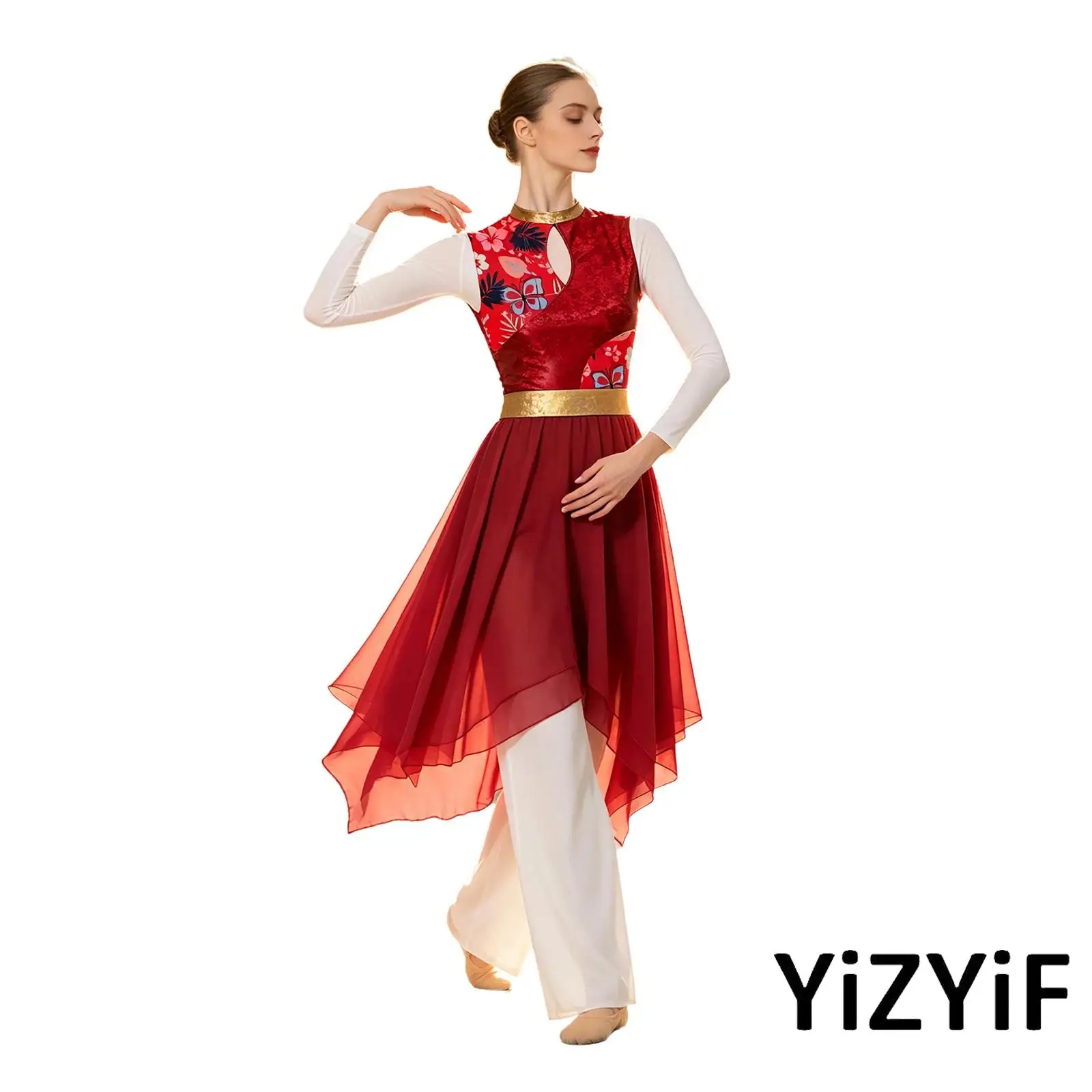 Women Praise Liturgical Dance Dress Printed Metallic Front Keyhole Sleeveless Irregular Hem Tunic Dress for Worship Performance