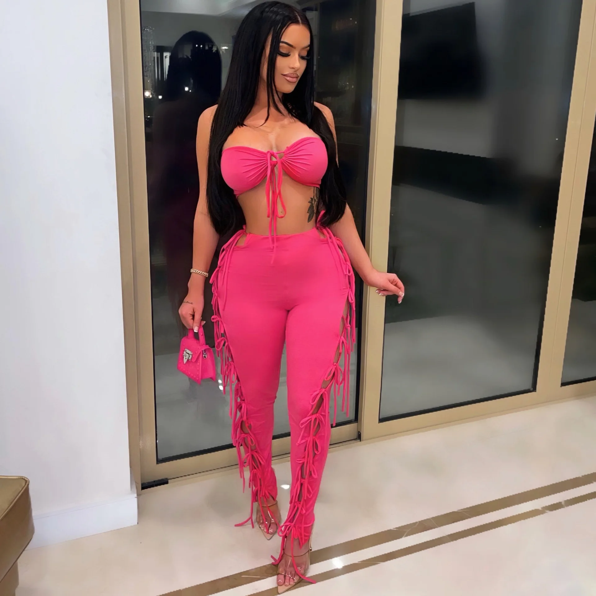 2022 Mode Strapless Jumpsuit Vrouwen Avond Club Bar Stage Kostuums Sexy Slim Twee Stukken Set Lace Hollow Out Speelpakjes Zwart