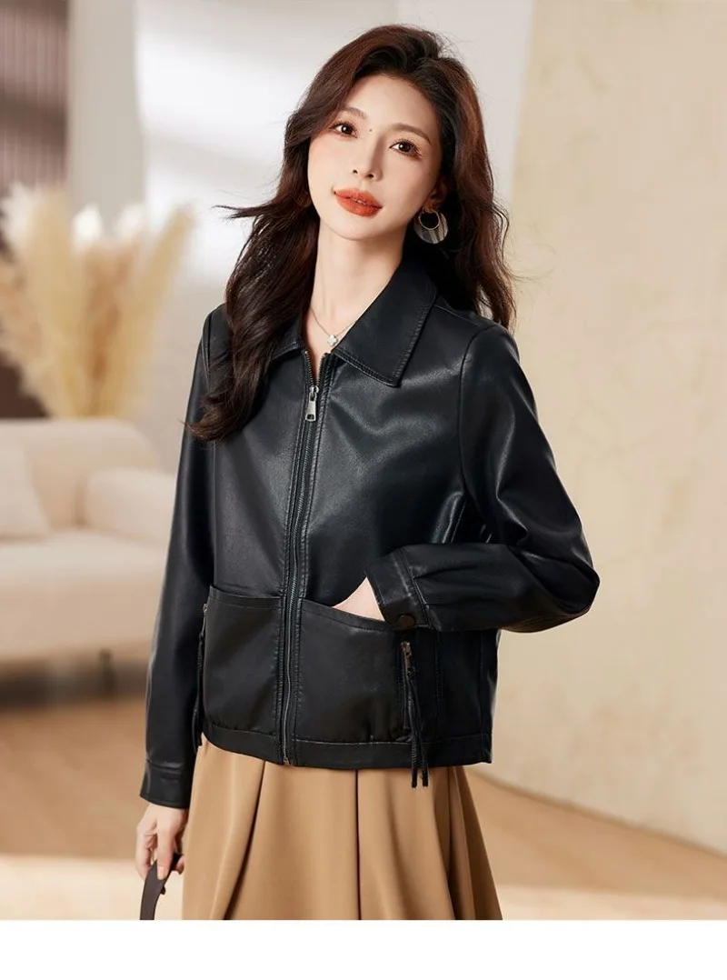 New 2026 Temperament PU Leather Jacket Women's Autumn Lapel Loose Motorcycle Jacket Ladies Casual Female Outwear Overcoat