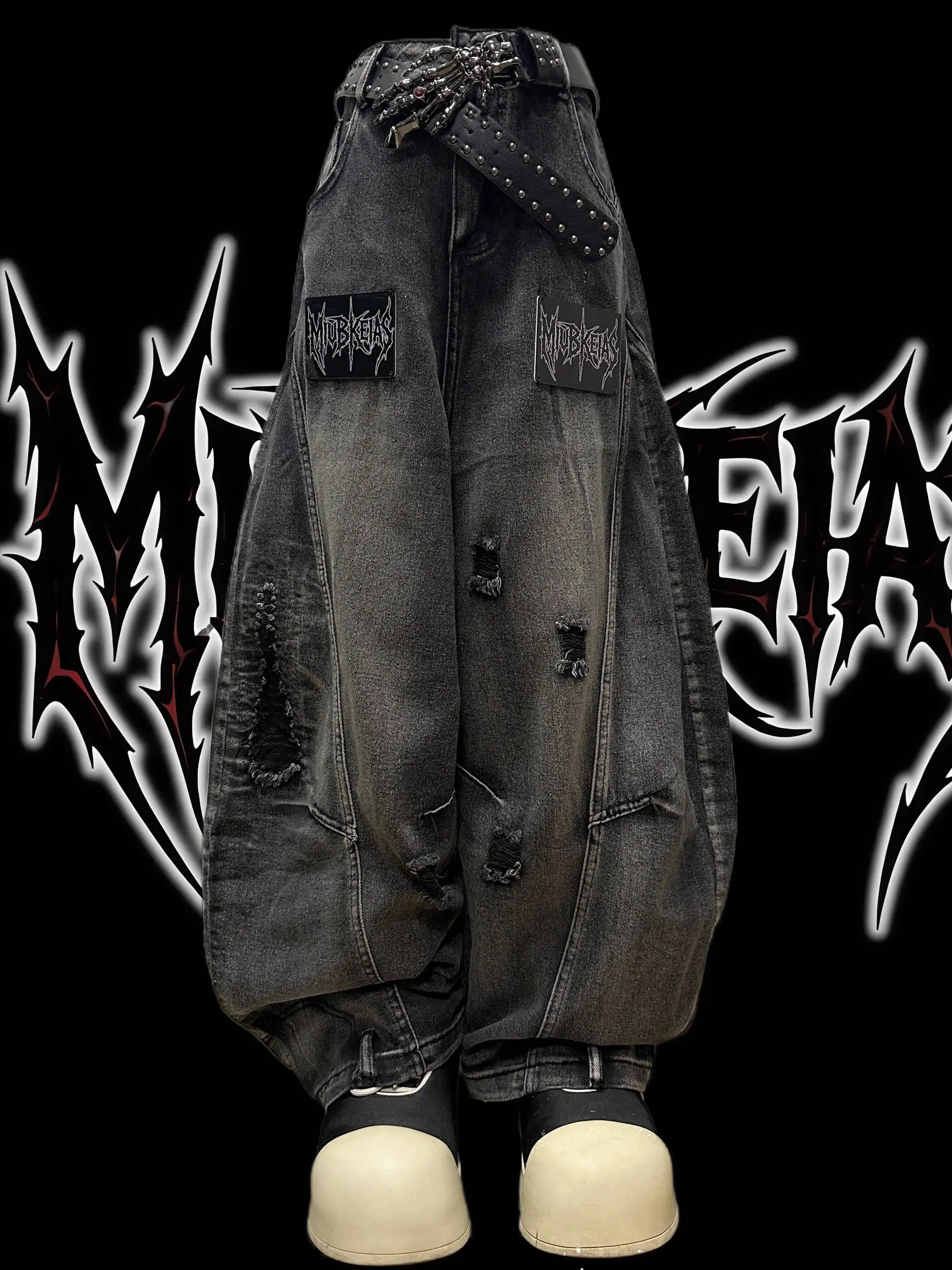 Spodnie jeansowe unisex w stylu punk gothic na jesień i zimę, streetwearowe, z napisami, postarzane, luźne, z szerokimi nogawkami, styl Y2K.